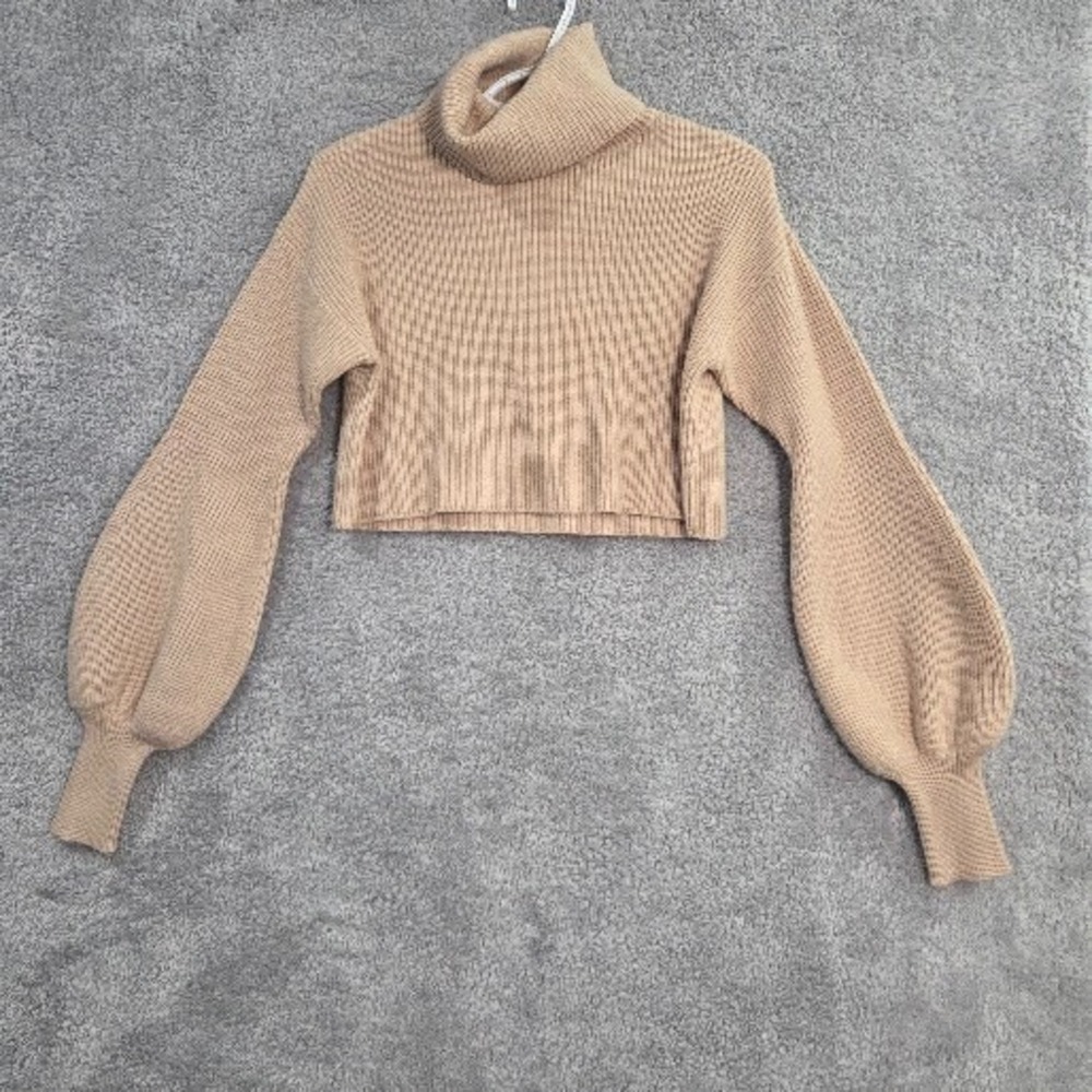 Moodie Turtleneck Sweater Women's Small Tan Ivory Ribbed Cropped Lantern Sleeve